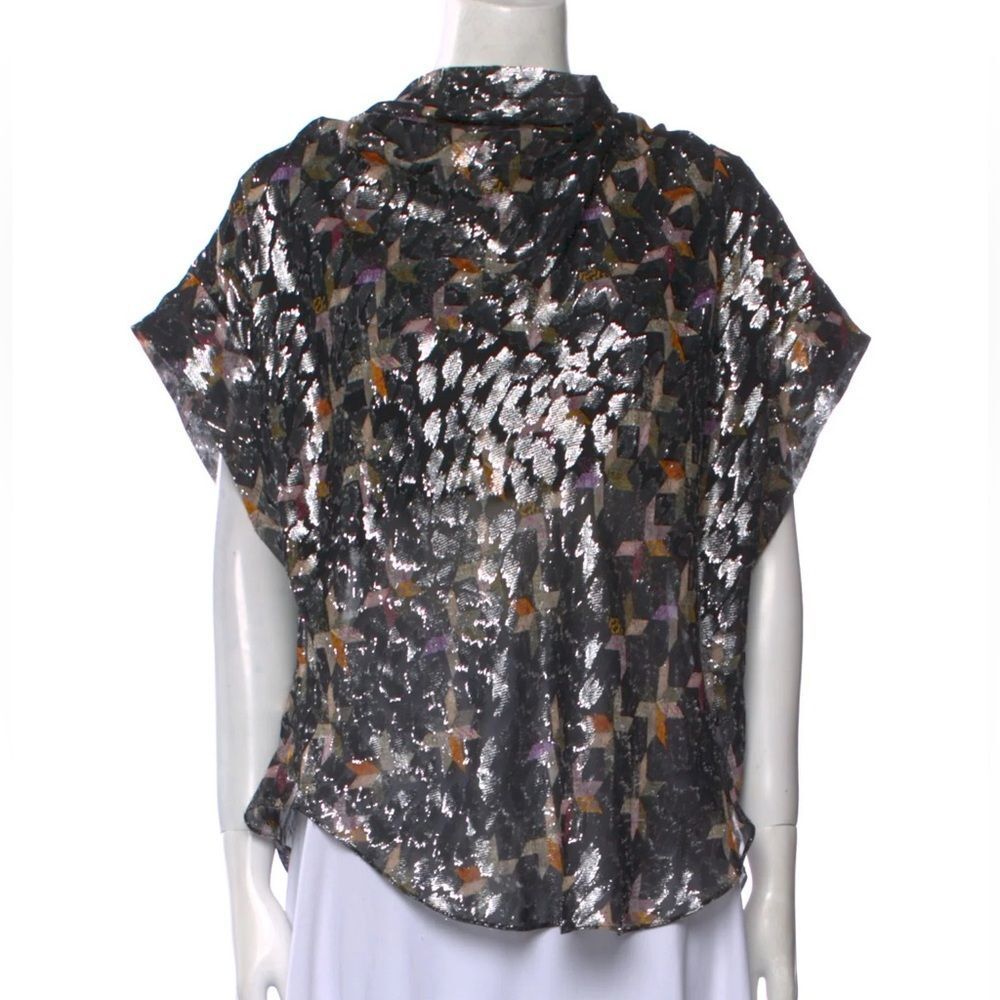 Isabel Marant Floral Silk Glitter Blouse Sz 40 Black Shimmer‎ Short Sleeve